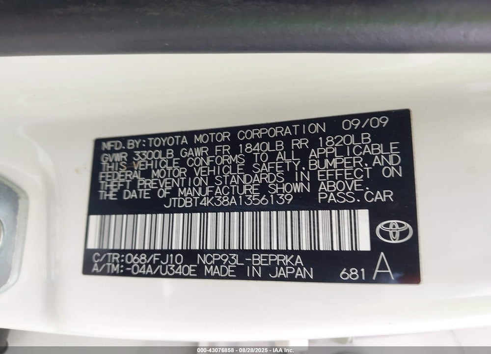 2010 TOYOTA YARIS VIN: JTDBT4K38A1356139
