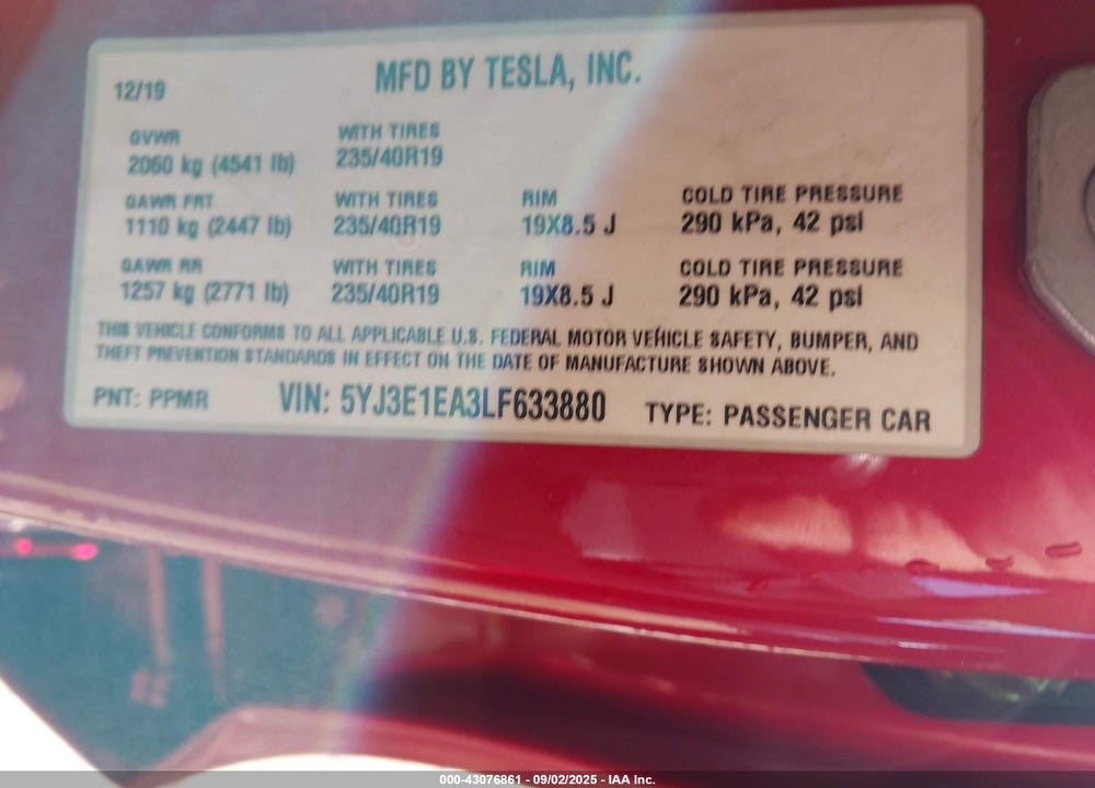 2020 TESLA MODEL 3 VIN: 5YJ3E1EA3LF633880