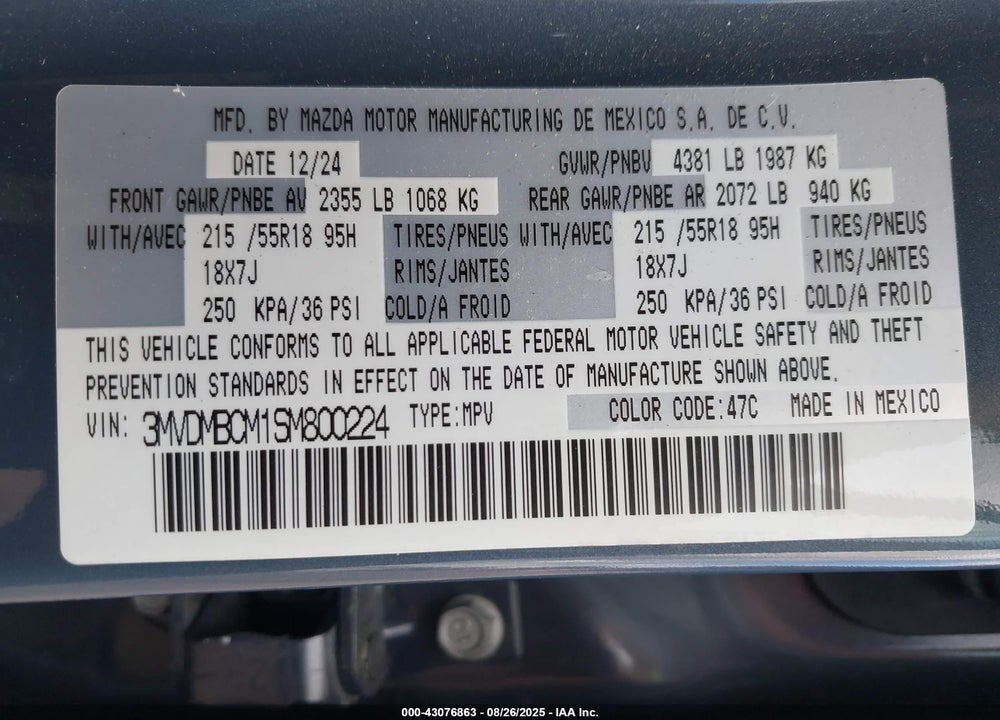 2025 MAZDA CX-30 VIN: 3MVDMBCM1SM800224
