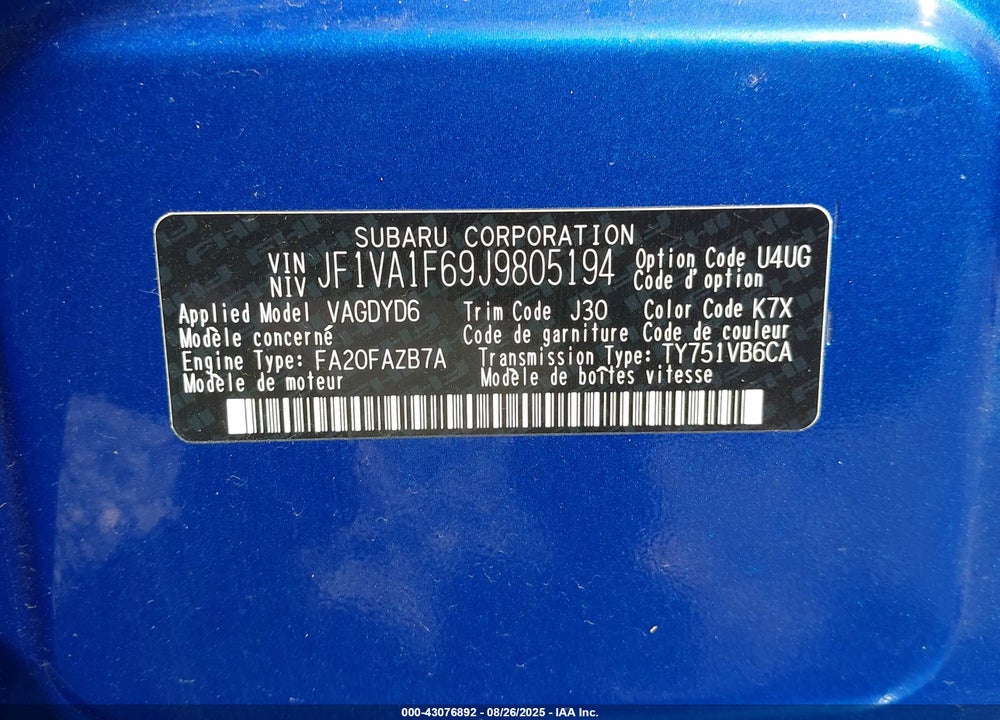 2018 SUBARU WRX VIN: JF1VA1F69J9805194