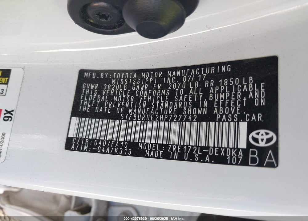 2017 TOYOTA COROLLA VIN: 5YFBURHE2HP727742