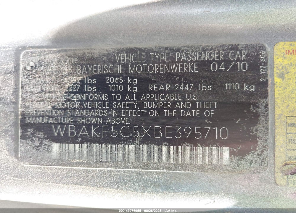 2011 BMW 3 SERIES VIN: WBAKF5C5XBE395710