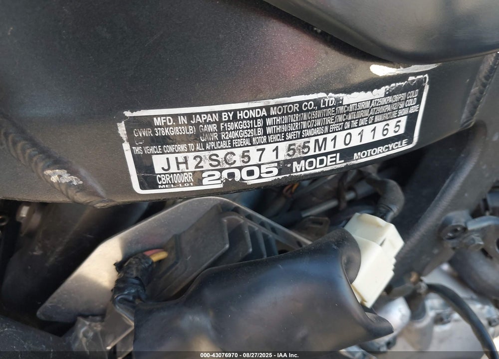 2005 HONDA CBR1000 RR VIN: JH2SC57155M101165