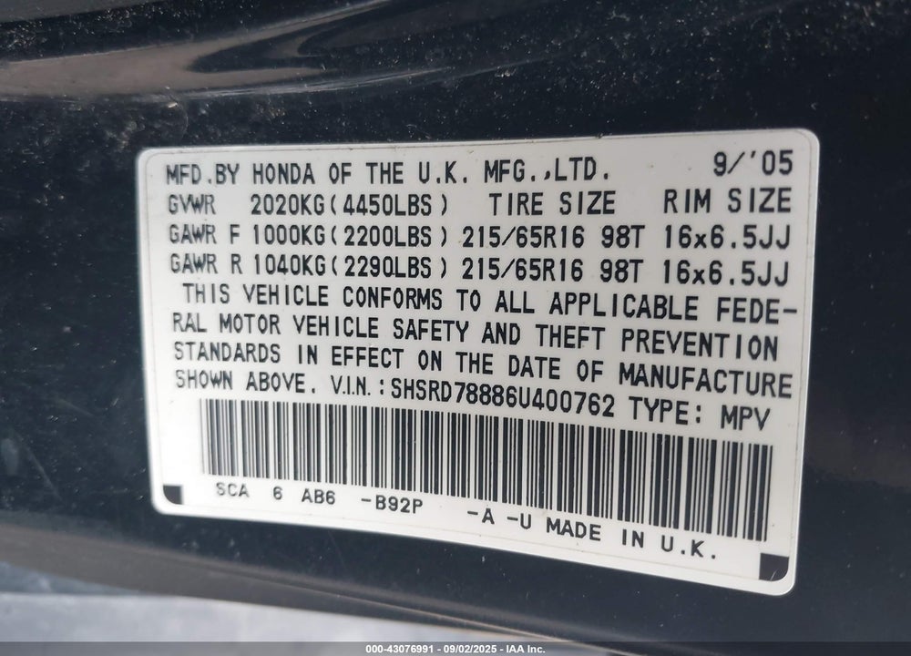 2006 HONDA CR-V EX VIN: SHSRD78886U400762