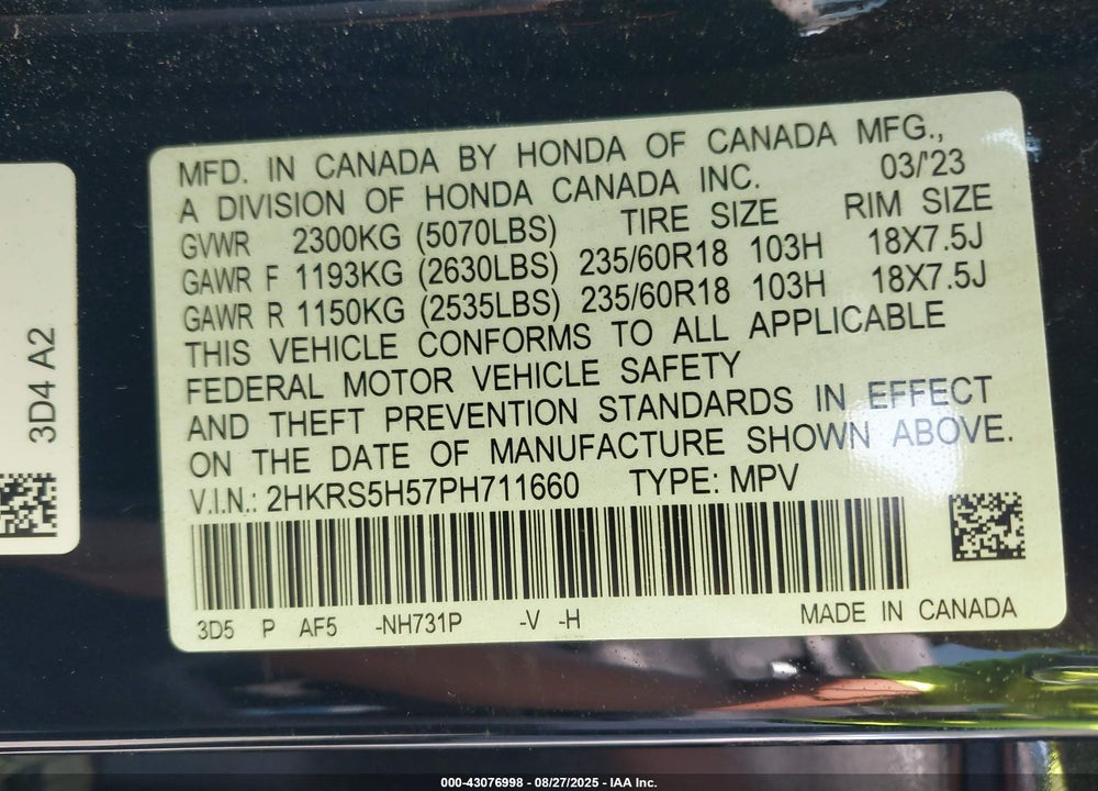 2023 HONDA CR-V VIN: 2HKRS5H57PH711660