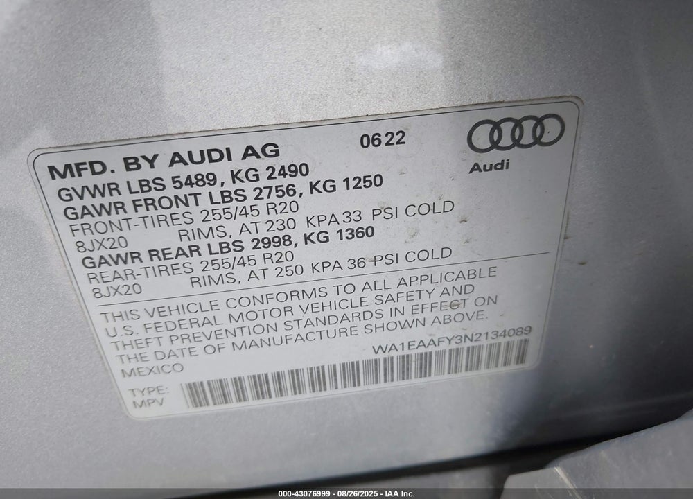 2022 AUDI Q5 VIN: WA1EAAFY3N2134089