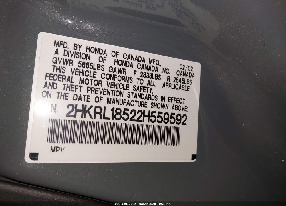 2002 HONDA ODYSSEY LX VIN: 2HKRL18522H559592