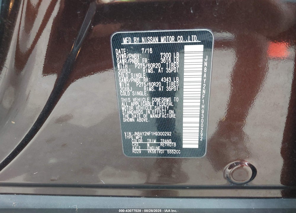 2017 NISSAN ARMADA PLATINUM VIN: JN8AY2NF1H9300292