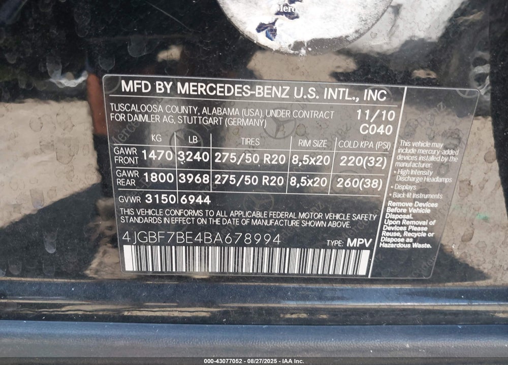 2011 MERCEDES-BENZ GL 450 4MATIC VIN: 4JGBF7BE4BA678994
