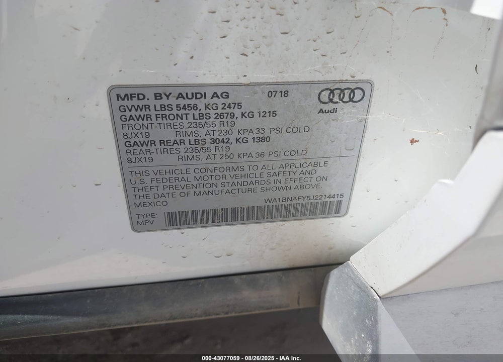 2018 AUDI Q5 VIN: WA1BNAFY5J2214415