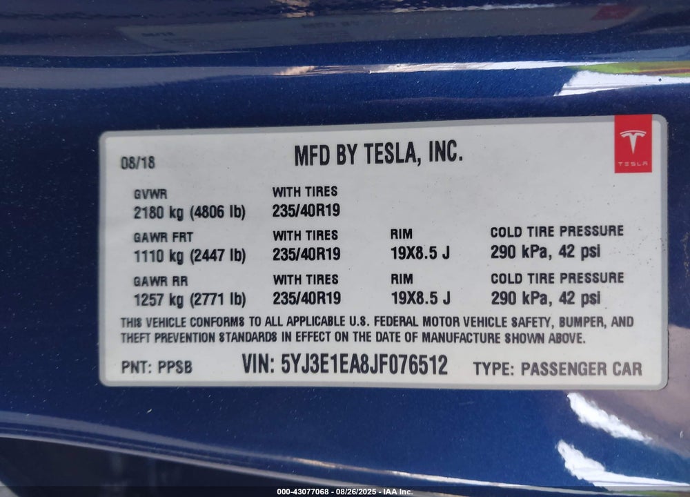 2018 TESLA MODEL 3 VIN: 5YJ3E1EA8JF076512