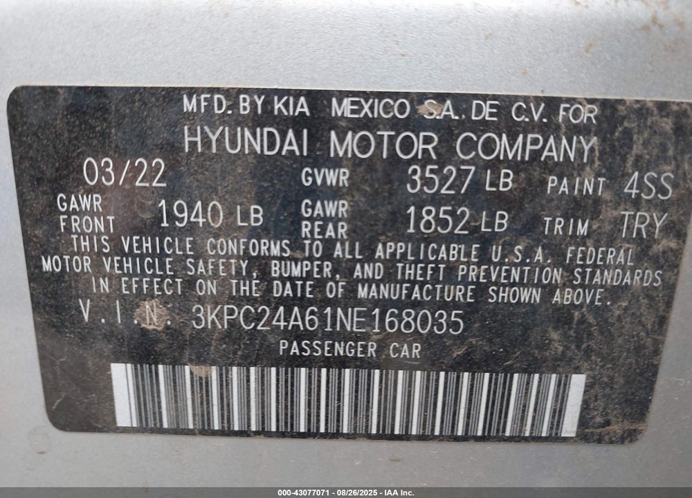 2022 HYUNDAI ACCENT VIN: 3KPC24A61NE168035