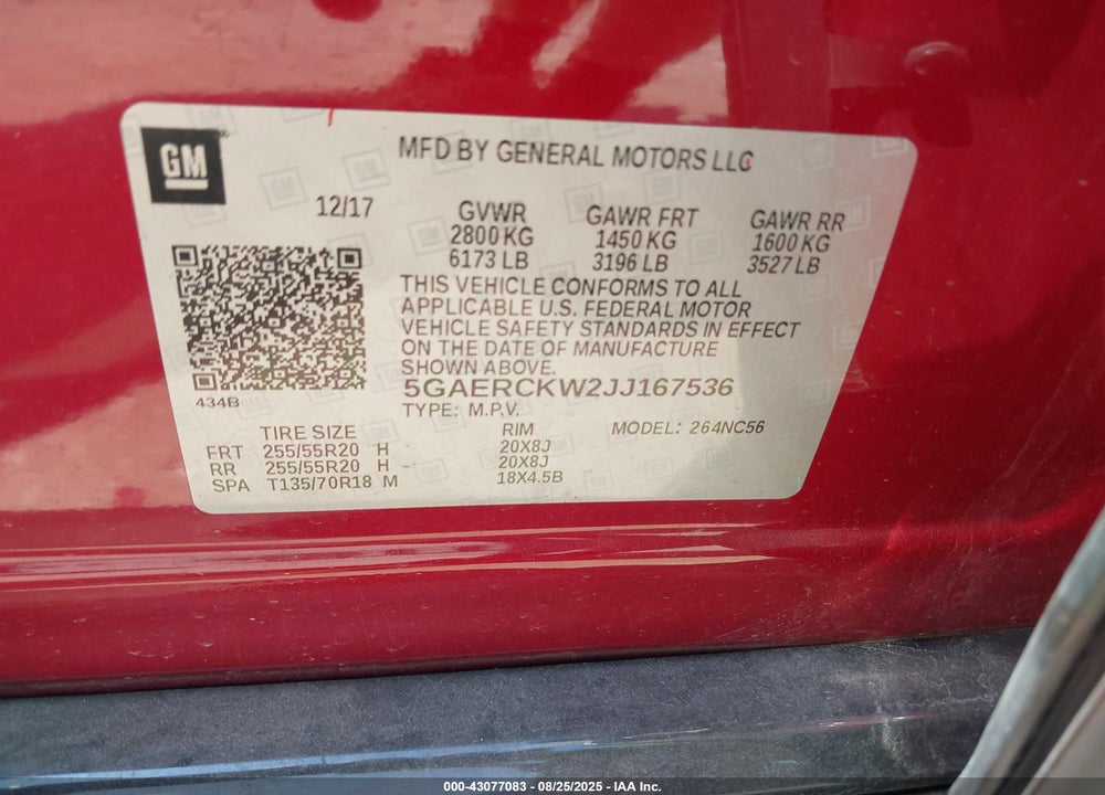 2018 BUICK ENCLAVE PREMIUM VIN: 5GAERCKW2JJ167536