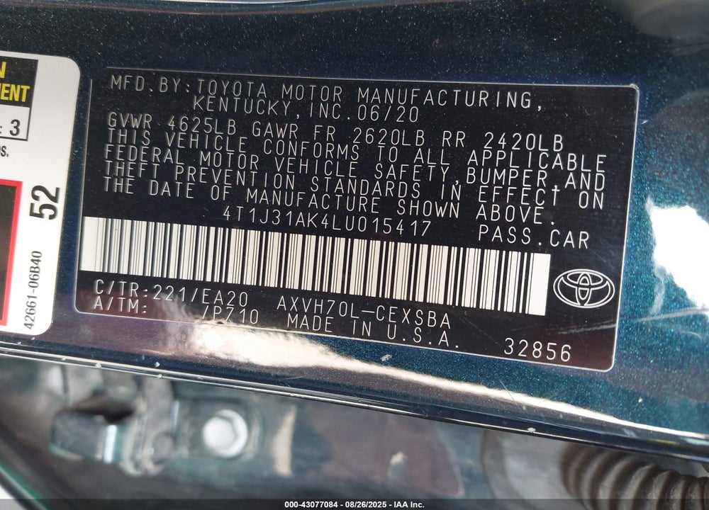 2020 TOYOTA CAMRY SE HYBRID VIN: 4T1J31AK4LU015417