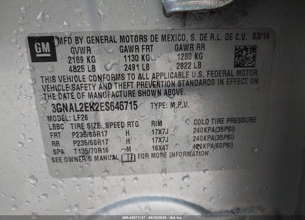 2014 CHEVROLET CAPTIVA SPORT VIN: 3GNAL2EK2ES646715