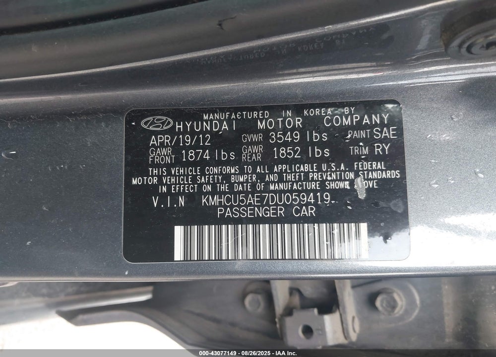 2013 HYUNDAI ACCENT SE VIN: KMHCU5AE7DU059419