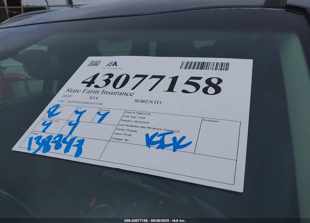 2019 KIA SORENTO VIN: 5XYPG4A36KG455104
