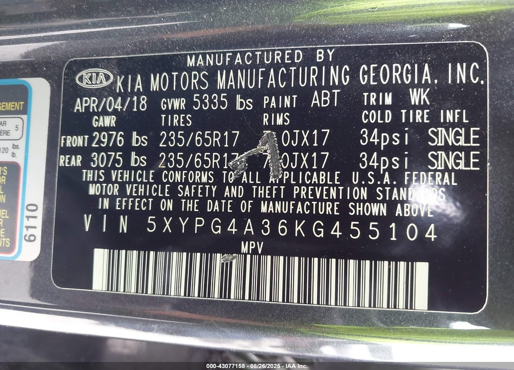 2019 KIA SORENTO VIN: 5XYPG4A36KG455104