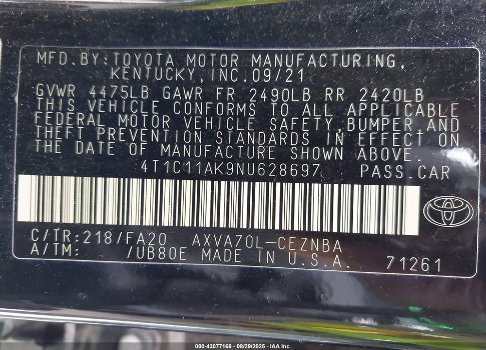2022 TOYOTA CAMRY VIN: 4T1C11AK9NU628697