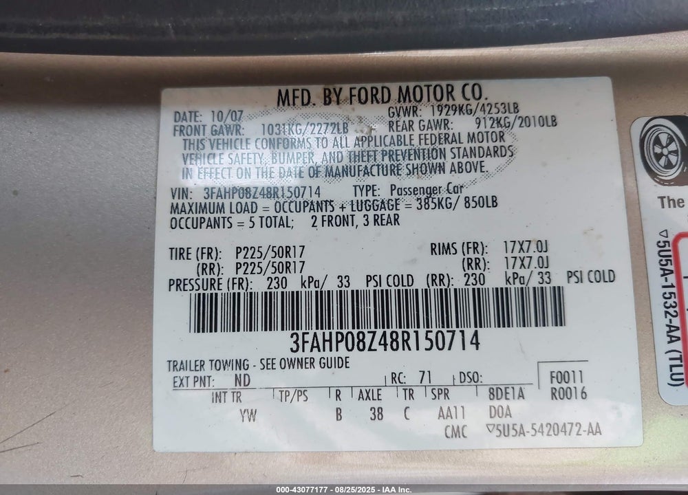 2008 FORD FUSION VIN: 3FAHP08Z48R150714