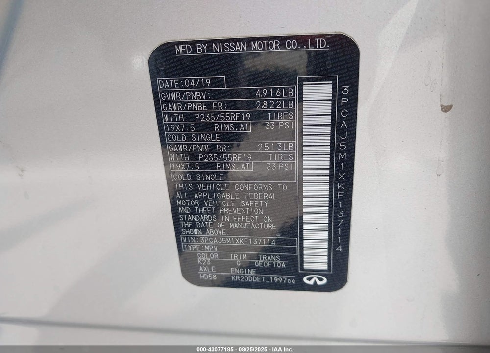 2019 INFINITI QX50 VIN: 3PCAJ5M1XKF137114