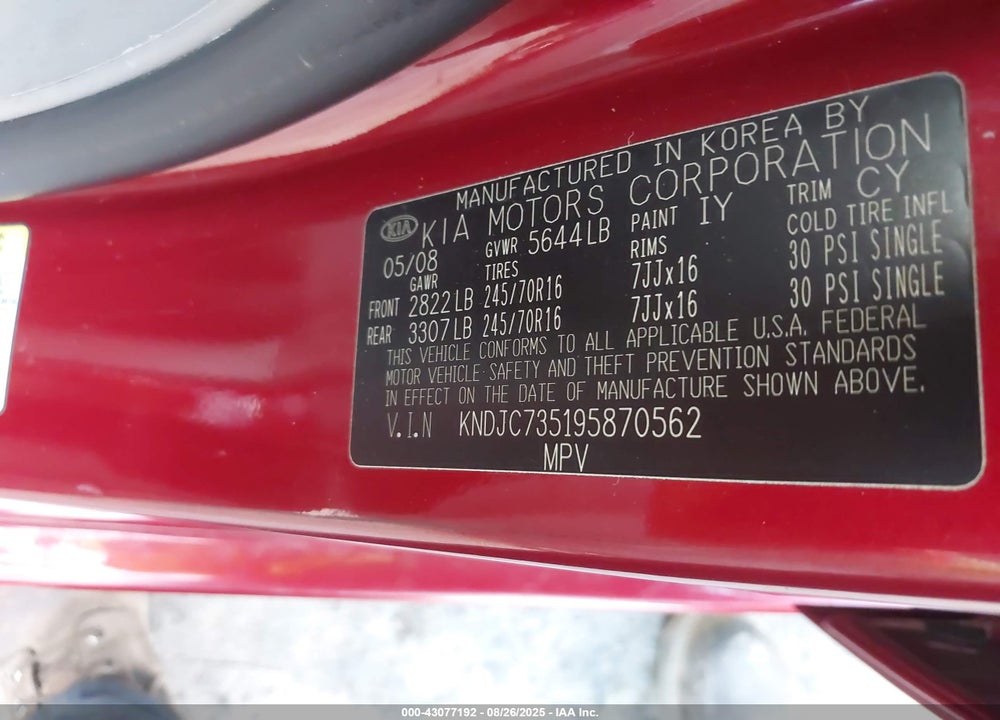 2009 KIA SORENTO VIN: KNDJC735195870562