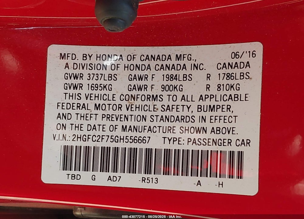 2016 HONDA CIVIC EX VIN: 2HGFC2F75GH556667