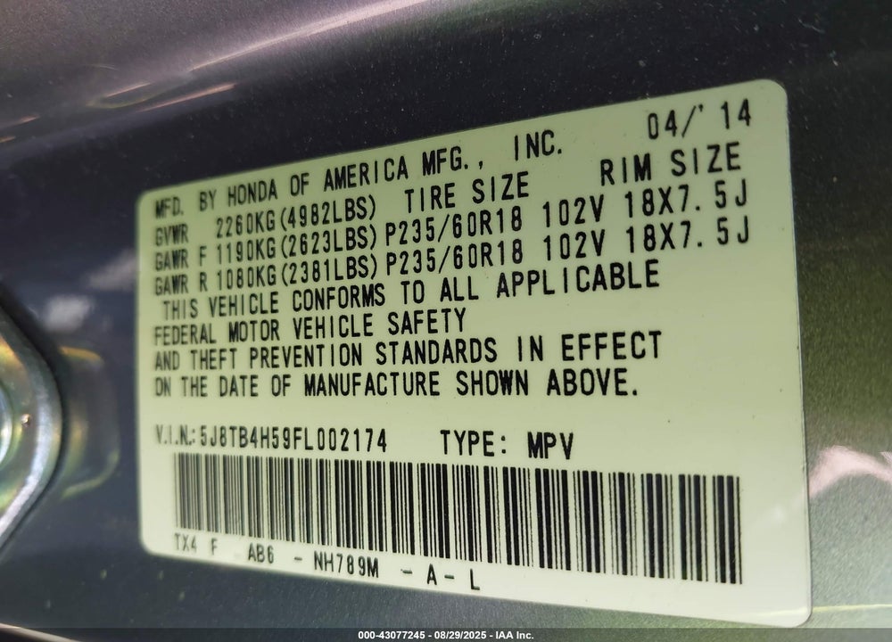 2015 ACURA RDX VIN: 5J8TB4H59FL002174