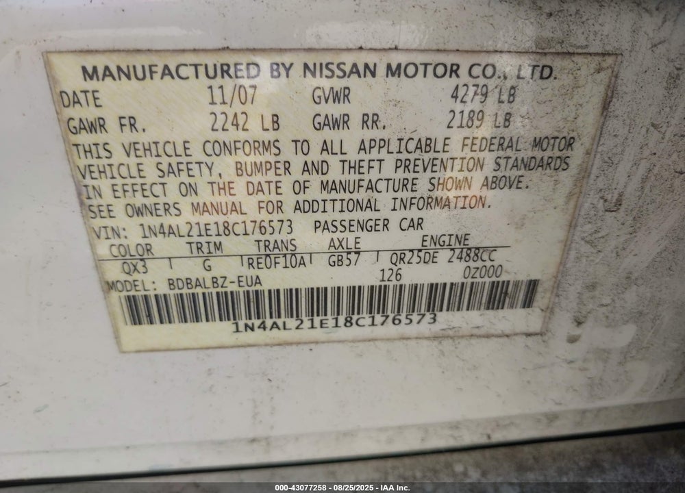 2008 NISSAN ALTIMA 2.5 S VIN: 1N4AL21E18C176573