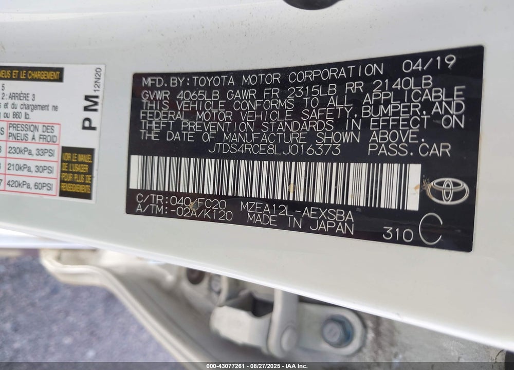 2020 TOYOTA COROLLA SE VIN: JTDS4RCE8LJ016373
