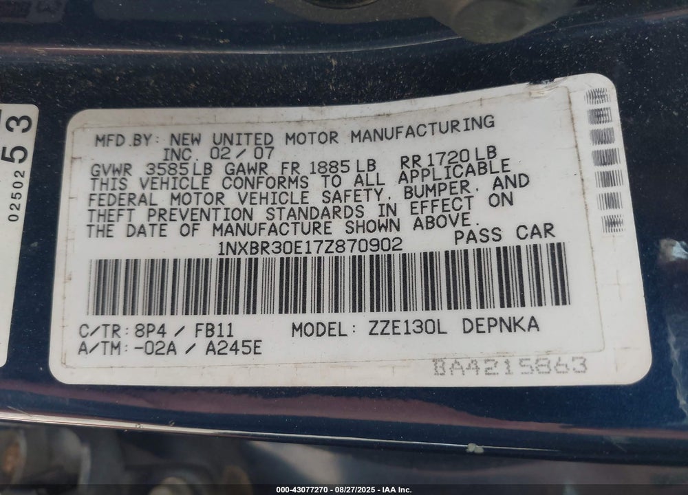 2007 TOYOTA COROLLA LE VIN: 1NXBR30E17Z870902