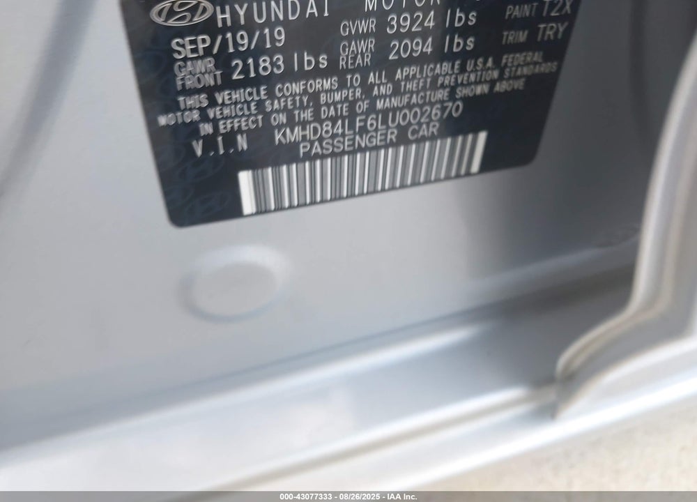 2020 HYUNDAI ELANTRA VALUE EDITION VIN: KMHD84LF6LU002670