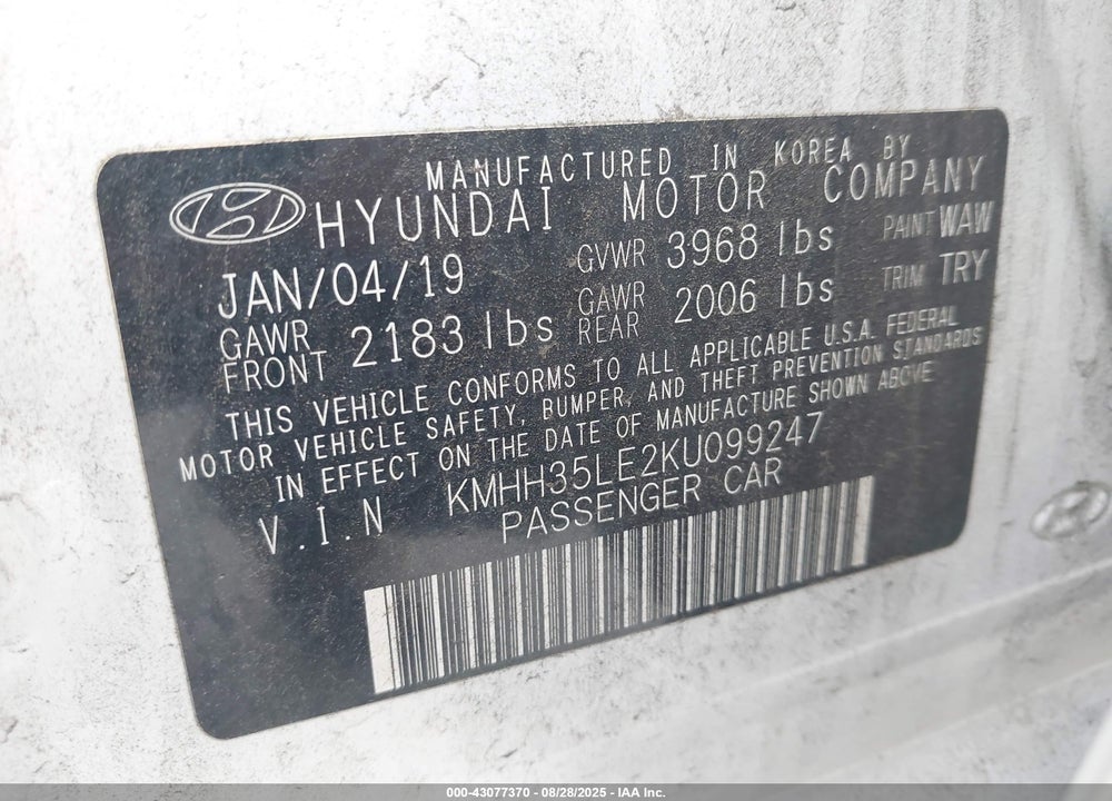 2019 HYUNDAI ELANTRA VIN: KMHH35LE2KU099247