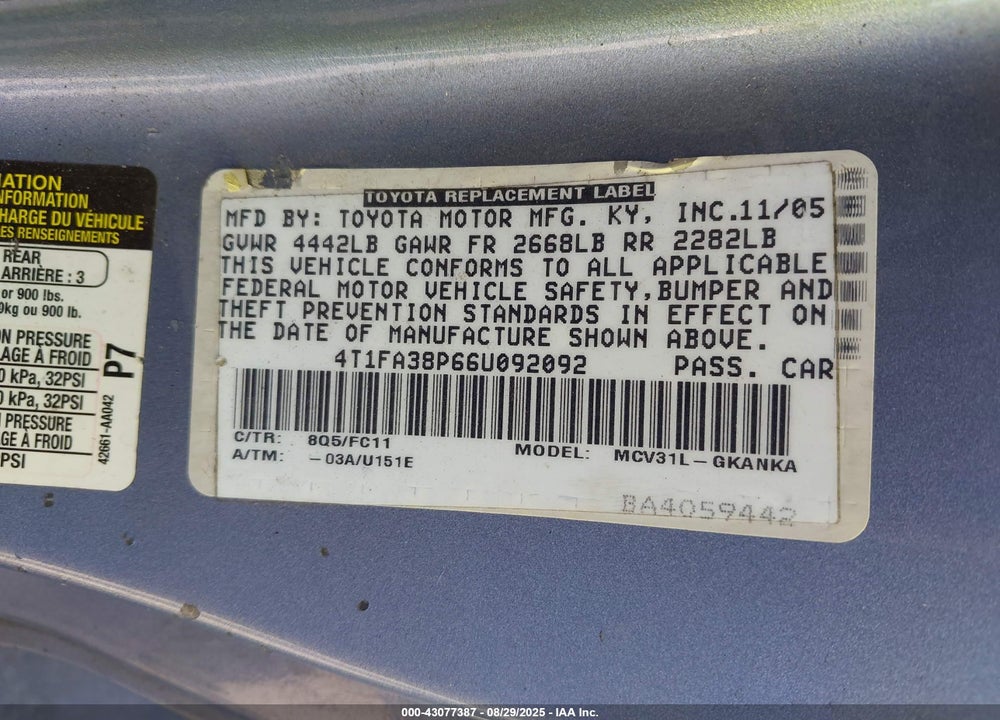 2006 TOYOTA CAMRY SOLARA SE VIN: 4T1FA38P66U092092