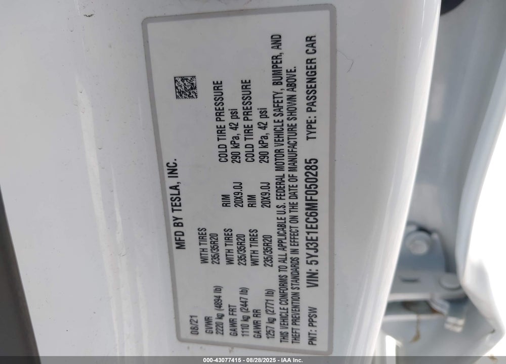 2021 TESLA MODEL 3 VIN: 5YJ3E1EC6MF050285