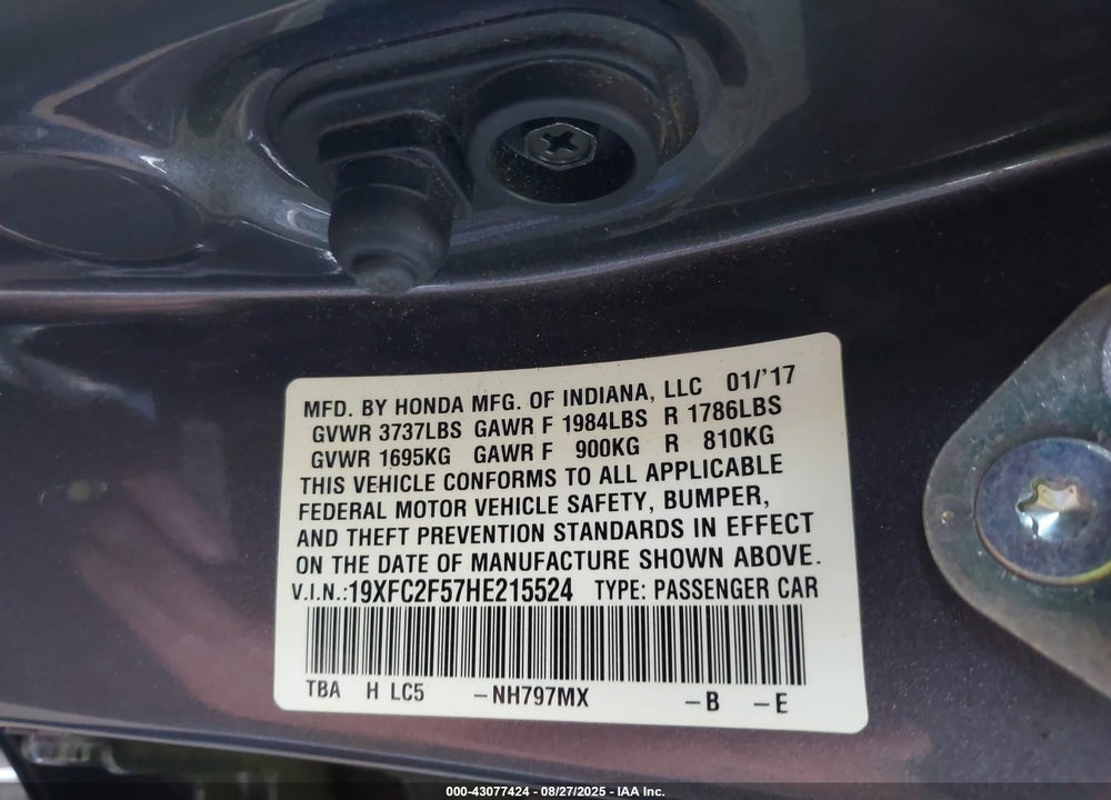 2017 HONDA CIVIC LX VIN: 19XFC2F57HE215524