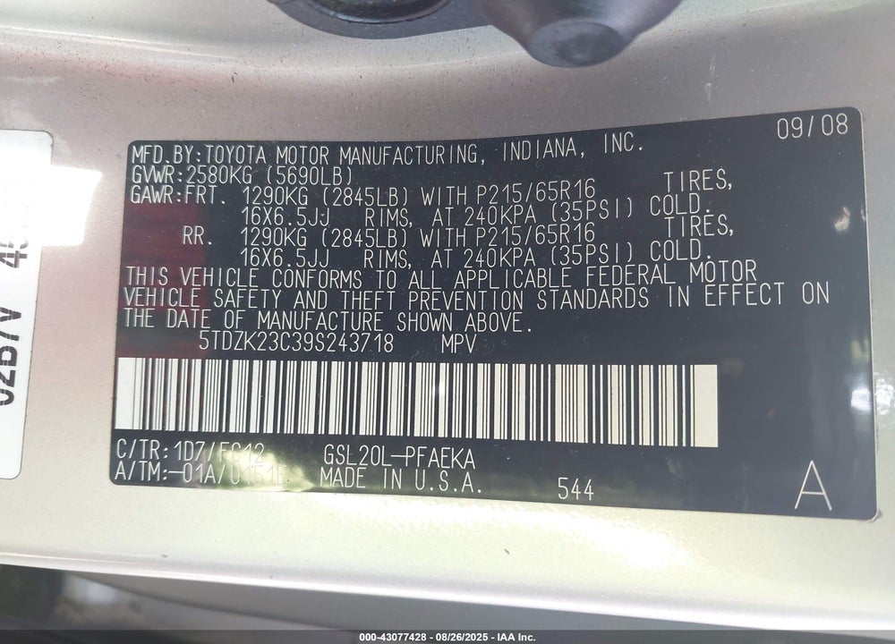 2009 TOYOTA SIENNA LE VIN: 5TDZK23C39S243718
