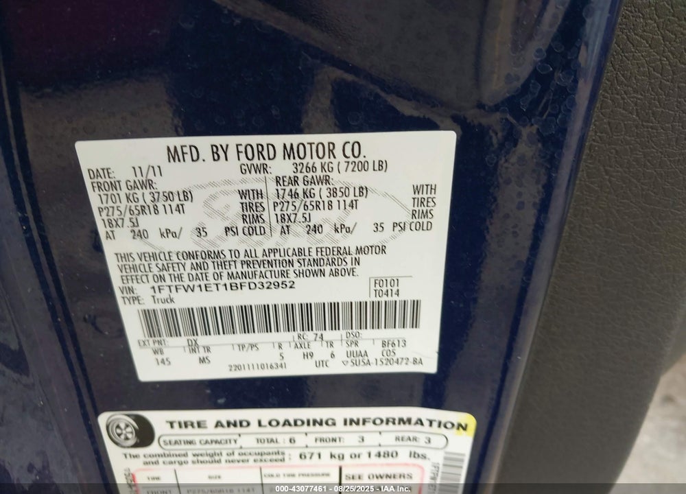 2011 FORD F-150 XLT VIN: 1FTFW1ET1BFD32952