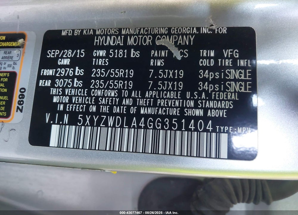 2016 HYUNDAI SANTA FE VIN: 5XYZWDLA4GG351404
