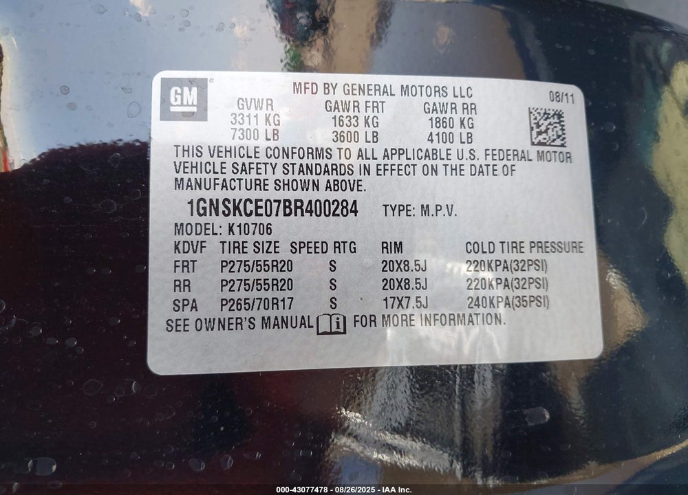 2011 CHEVROLET TAHOE VIN: 1GNSKCE07BR400284
