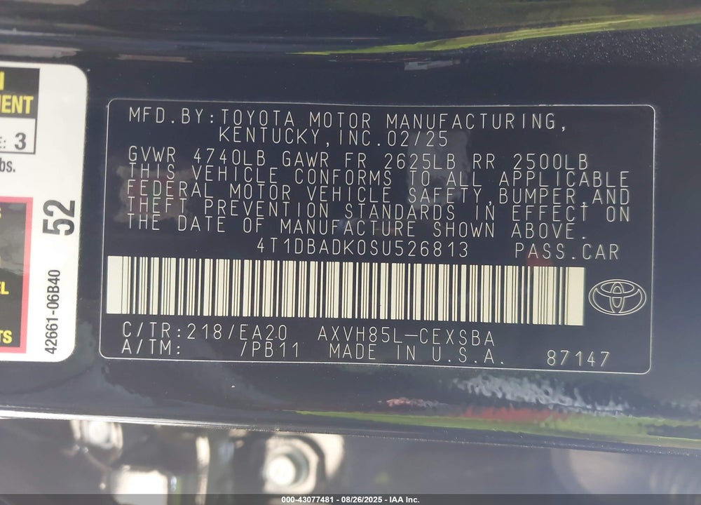 2025 TOYOTA CAMRY VIN: 4T1DBADK0SU526813