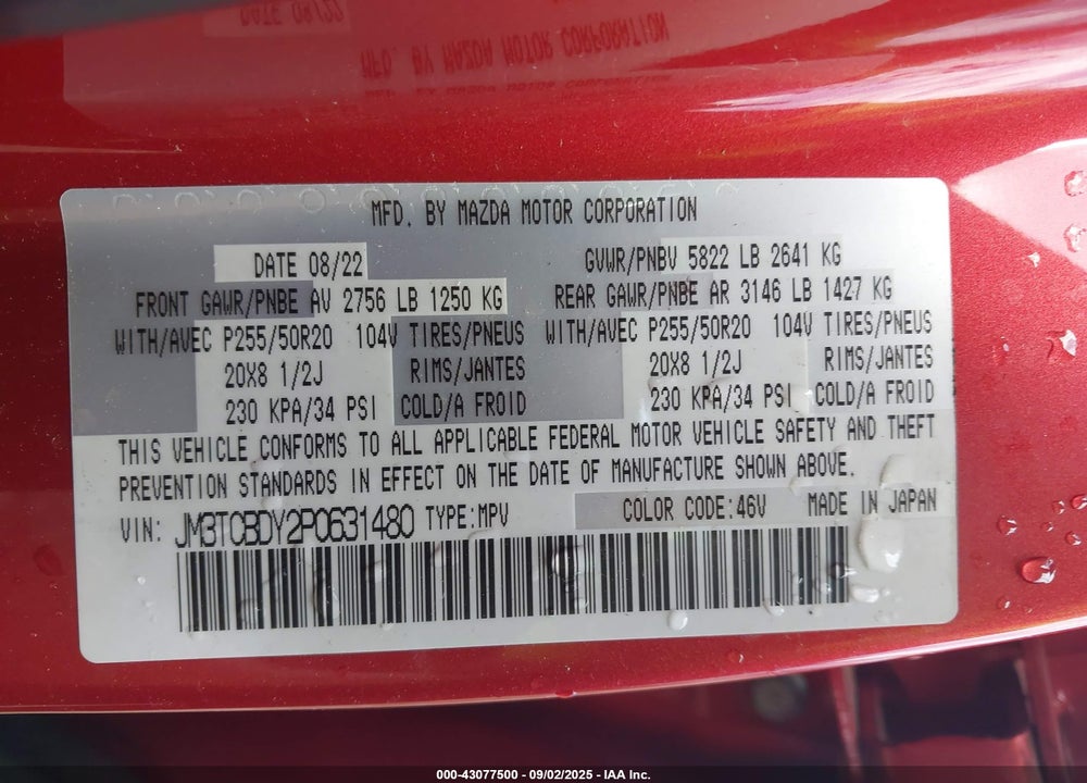2023 MAZDA CX-9 VIN: JM3TCBDY2P0631480