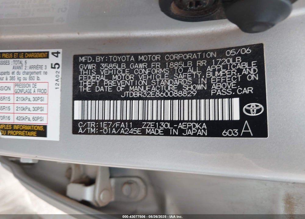2006 TOYOTA COROLLA CE VIN: JTDBR32E860088829