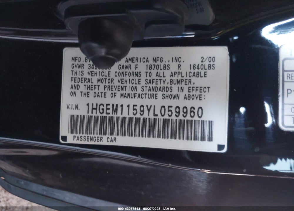 2000 HONDA CIVIC SI VIN: 1HGEM1159YL059960
