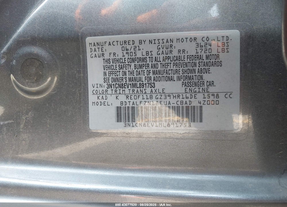 2021 NISSAN VERSA SV XTRONIC CVT VIN: 3N1CN8EV1ML891753