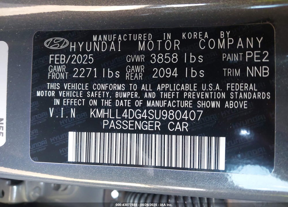 2025 HYUNDAI ELANTRA SE VIN: KMHLL4DG4SU980407