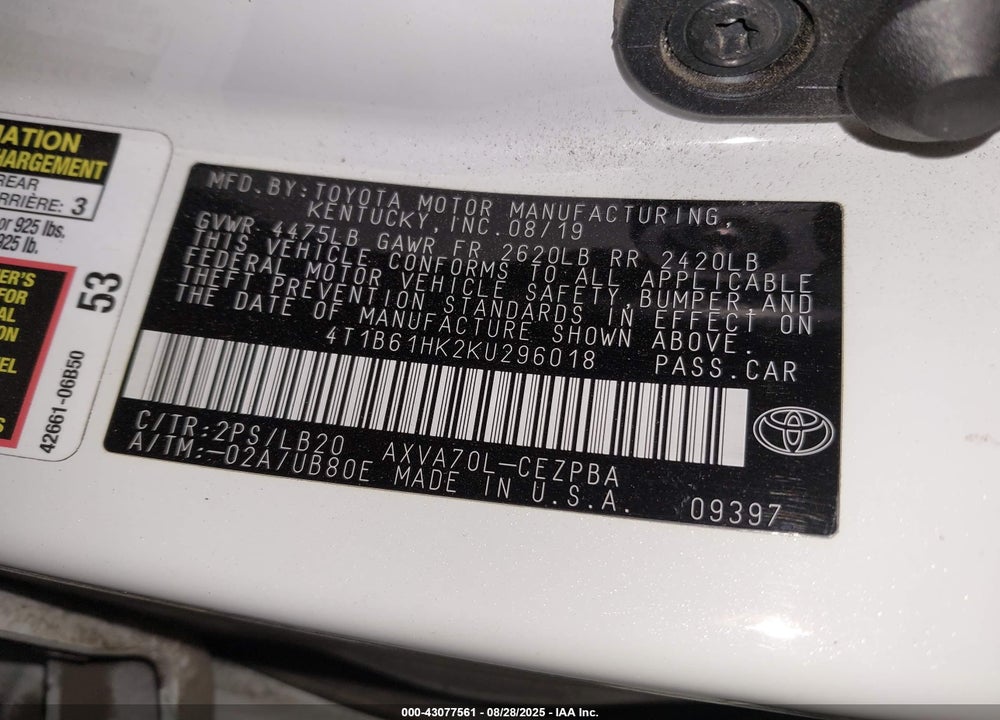 2019 TOYOTA CAMRY VIN: 4T1B61HK2KU296018