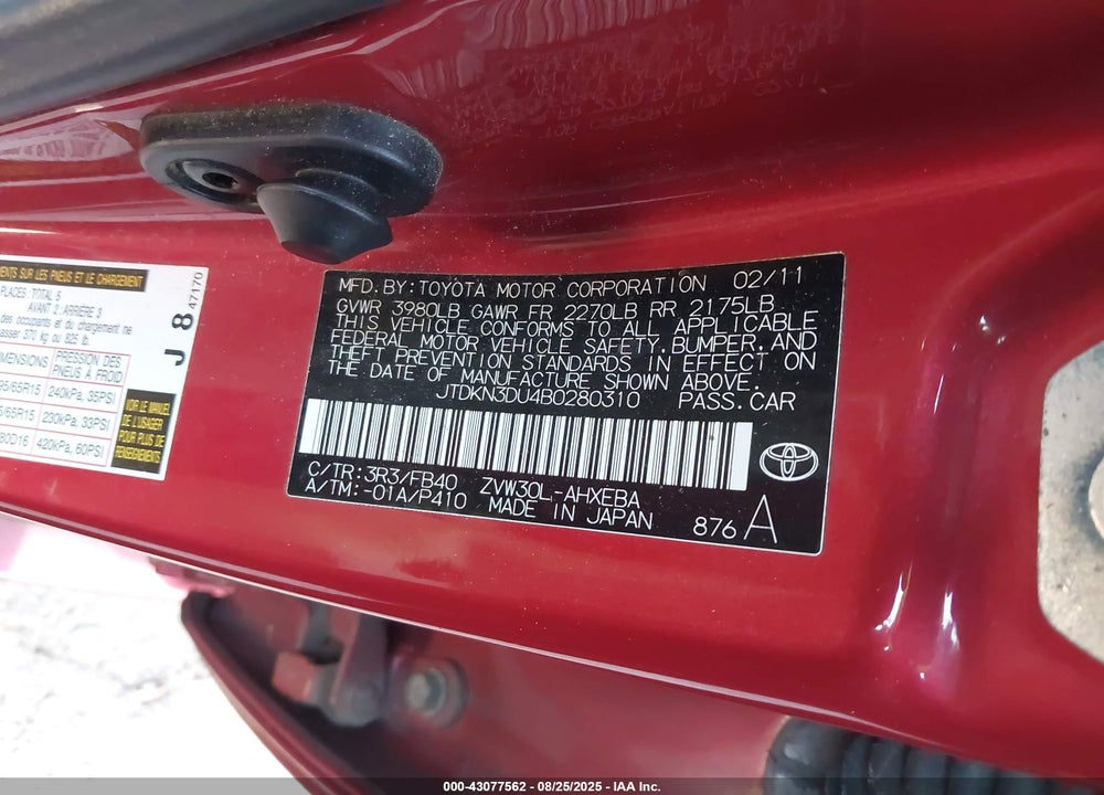 2011 TOYOTA PRIUS VIN: JTDKN3DU4B0280310