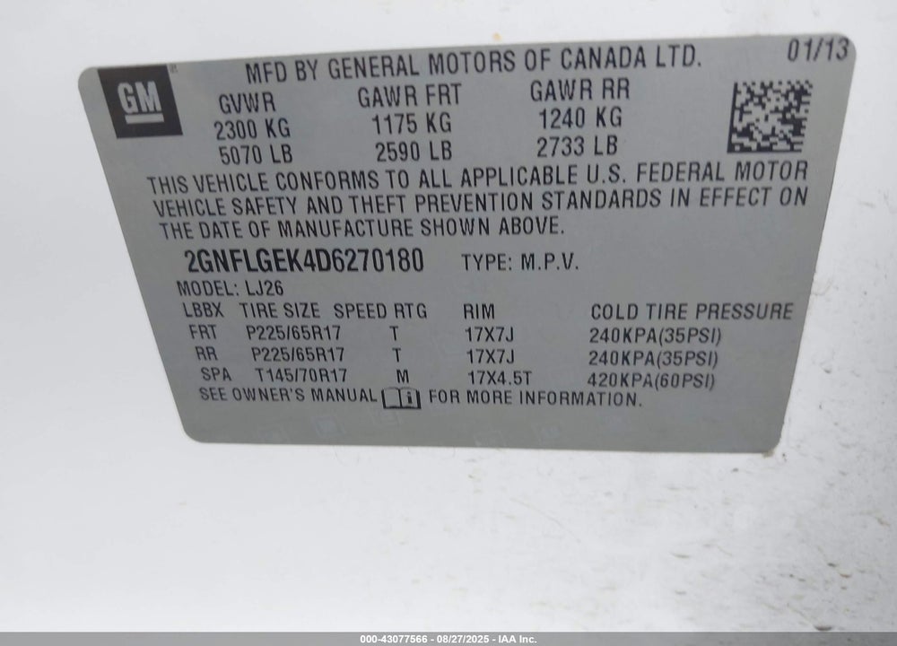 2013 CHEVROLET EQUINOX VIN: 2GNFLGEK4D6270180