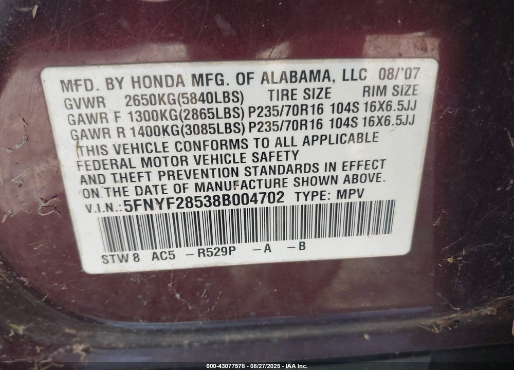 2008 HONDA PILOT VIN: 5FNYF28538B004702